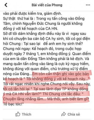 Hình minh hoạ. Đoạn trạng thái trên FB của nhà báo Nguyễn Như Phong viết về ông Nguyễn Đức Chung (đoạn này giờ đã đóng)
