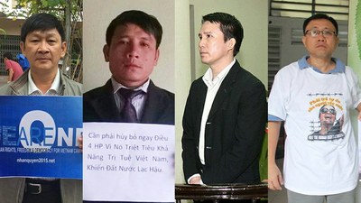 Bốn thành viên Hội Anh Em Dân Chủ bị bắt: Ký giả Trương Minh Đức, Mục sư Nguyễn Trung Tôn, ông Phạm Văn Trội, ông Nguyễn Bắc Truyển (từ trái qua).